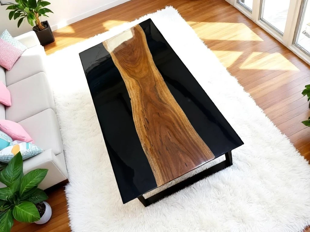 Luxury Rectangular Dining Table with Black Epoxy & Natural Wood